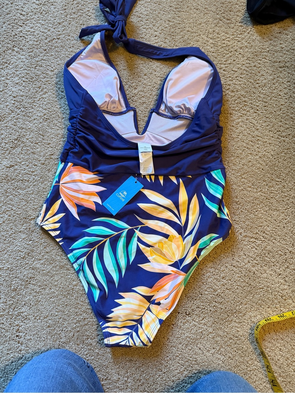Cupshe Navy Tropical Leaf Halter One-Piece Swim - Picture 3 of 4